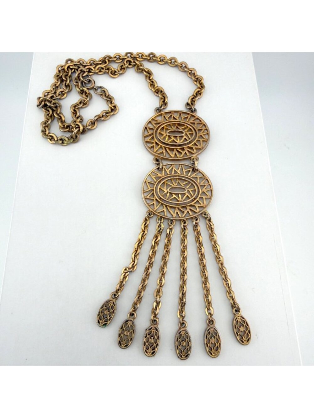 Vintage Tassel Fringe Necklace Gold Tone Filigree Medallion